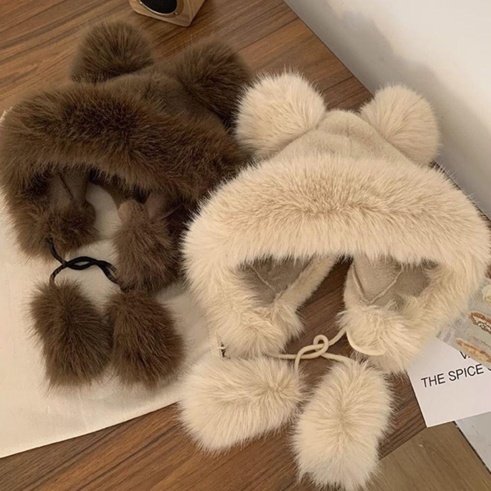 Утолщенная милая шапка с ушками медведя, теплая женская пушистая шапка, модная панама из искусственного меха, для девочек