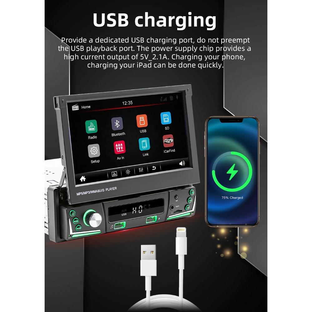 1 Din Автомобильный радиоприемник с электрическим выдвижным экраном Авторадио Универсальный мультимедийный MP5-плеер 7 лампочек Проводной Carplay Bluetooth Автомобильная стереосистема