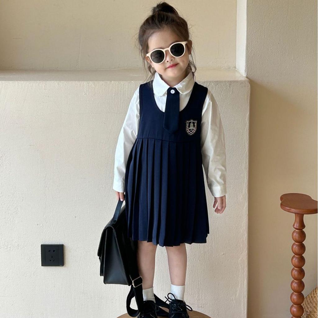 Весенне-осеннее детское платье в консервативном стиле, топ на бретелях, плиссированные платья + рубашка с длинными рукавами и вышивкой этикеток, официальная одежда для девочек, униформа