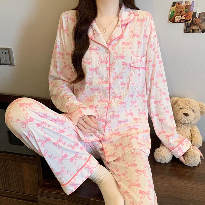 ins style girlish pajamas women's spring and autumn long-sleeved sweet bow full print casual loungewear set