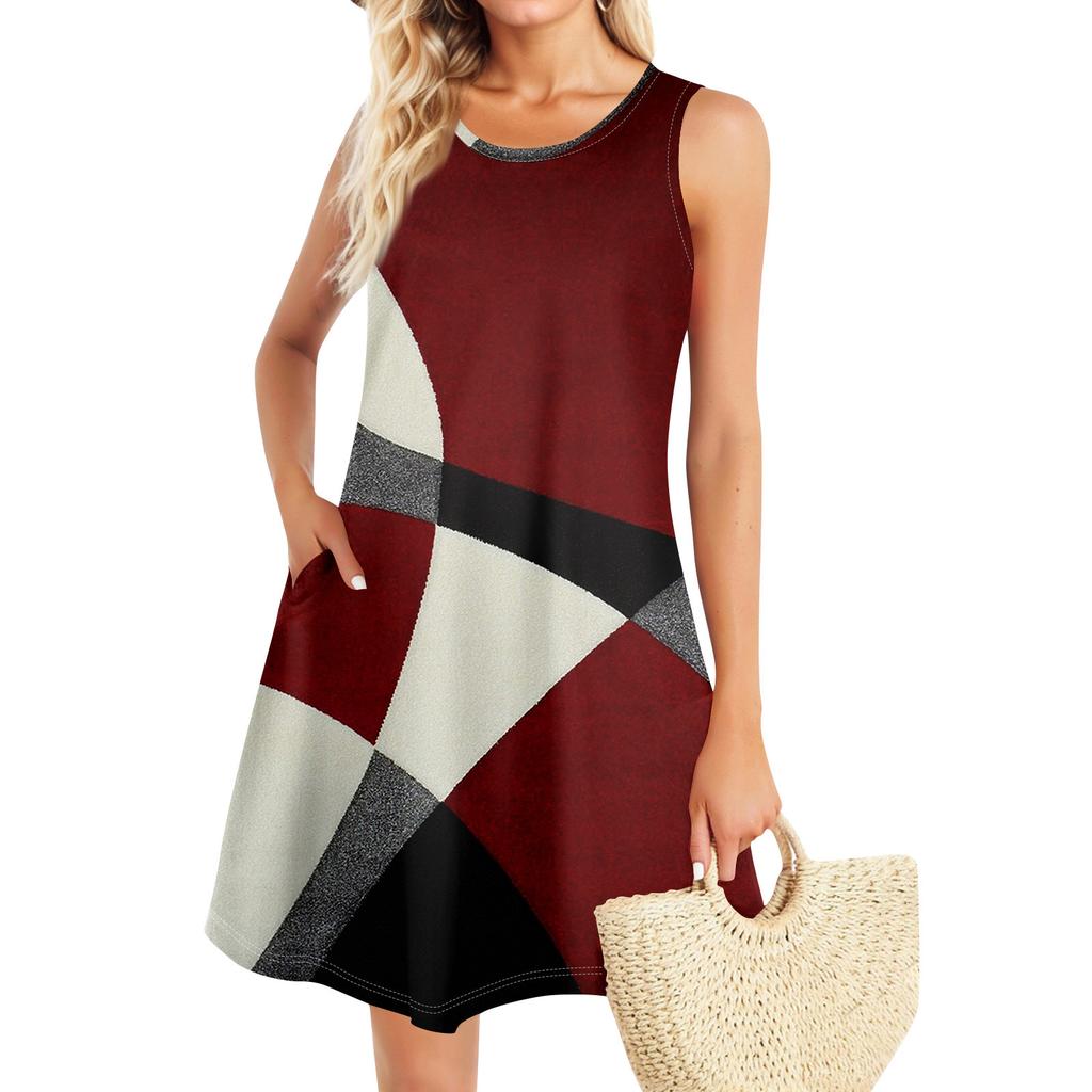 Летние платья для женщин Пляжный Бохо без рукавов Винтажный принт Футболка с карманами Сарафаны-майки