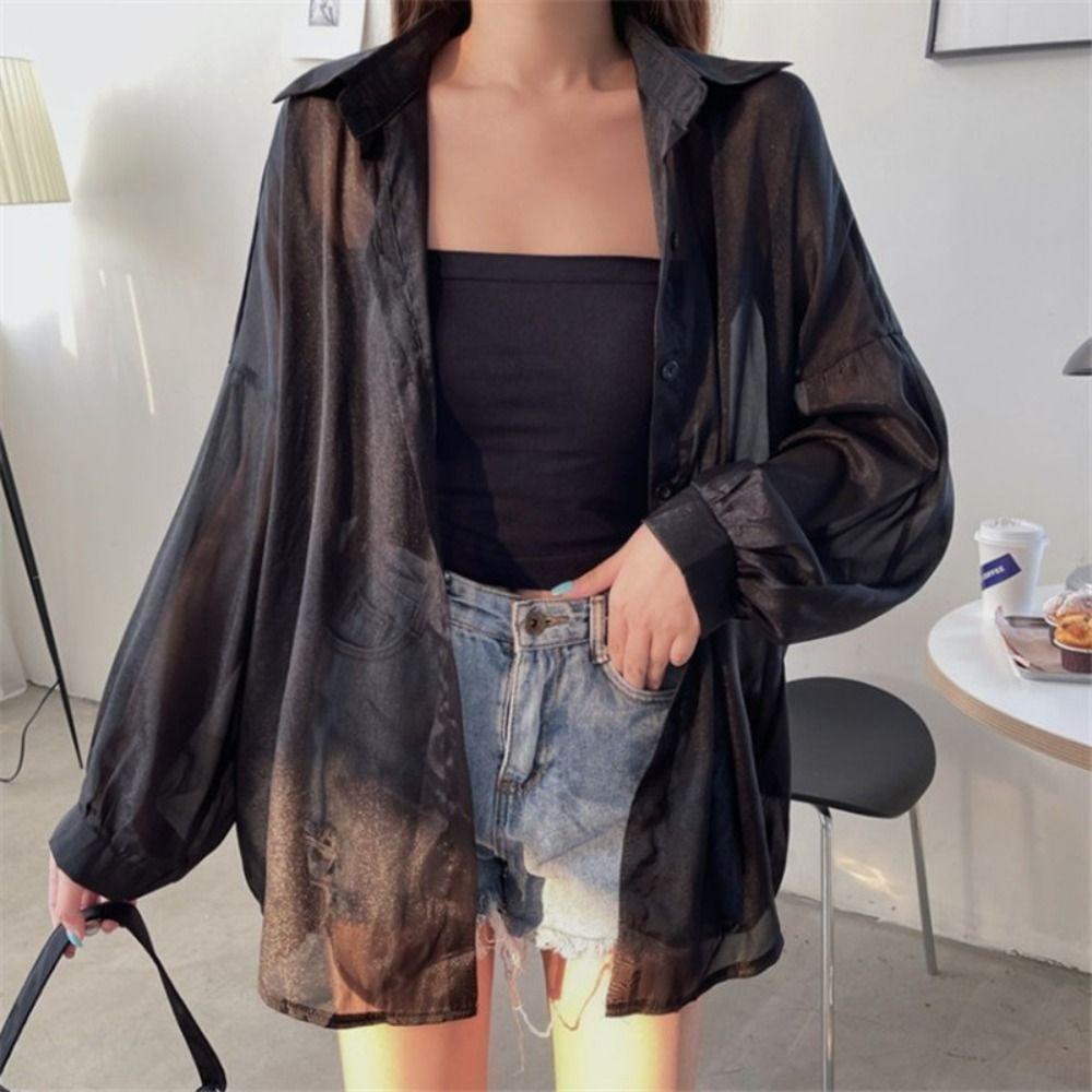 Chiffon Women Shirt Blouse Solid Color Female Loose Cardigan Casual Long Sleeve Top