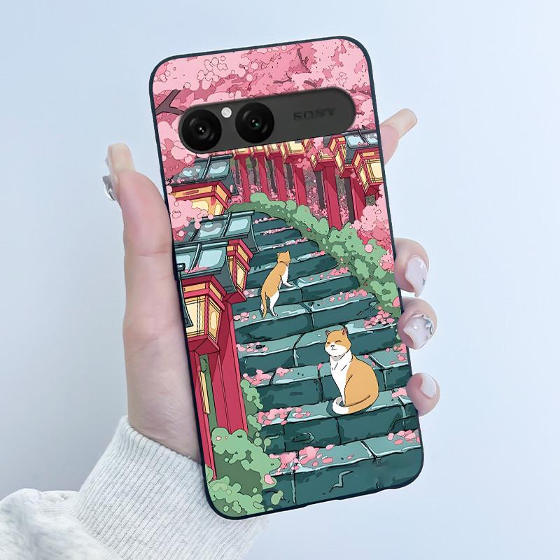 Cute Case For Sony Xperia 10 VII Fundas Capa Printing Shell Protective Cover Soft Silicone Cartoon Black Casing Coque