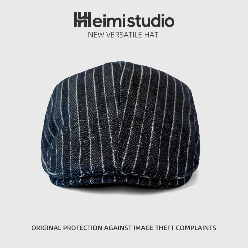 25 Early Autumn New Striped Retro Forward Hat Women's Vintage Big Head Circumference Duckbill Hat Beret Tide