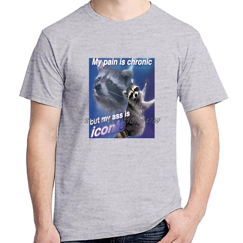 Funny My Pain Is Chronic But My Ass Is Iconic Raccon Meme Tshirt Cotton Short Sleeve T Shirts Casual Streetwear Unisexs Clothes