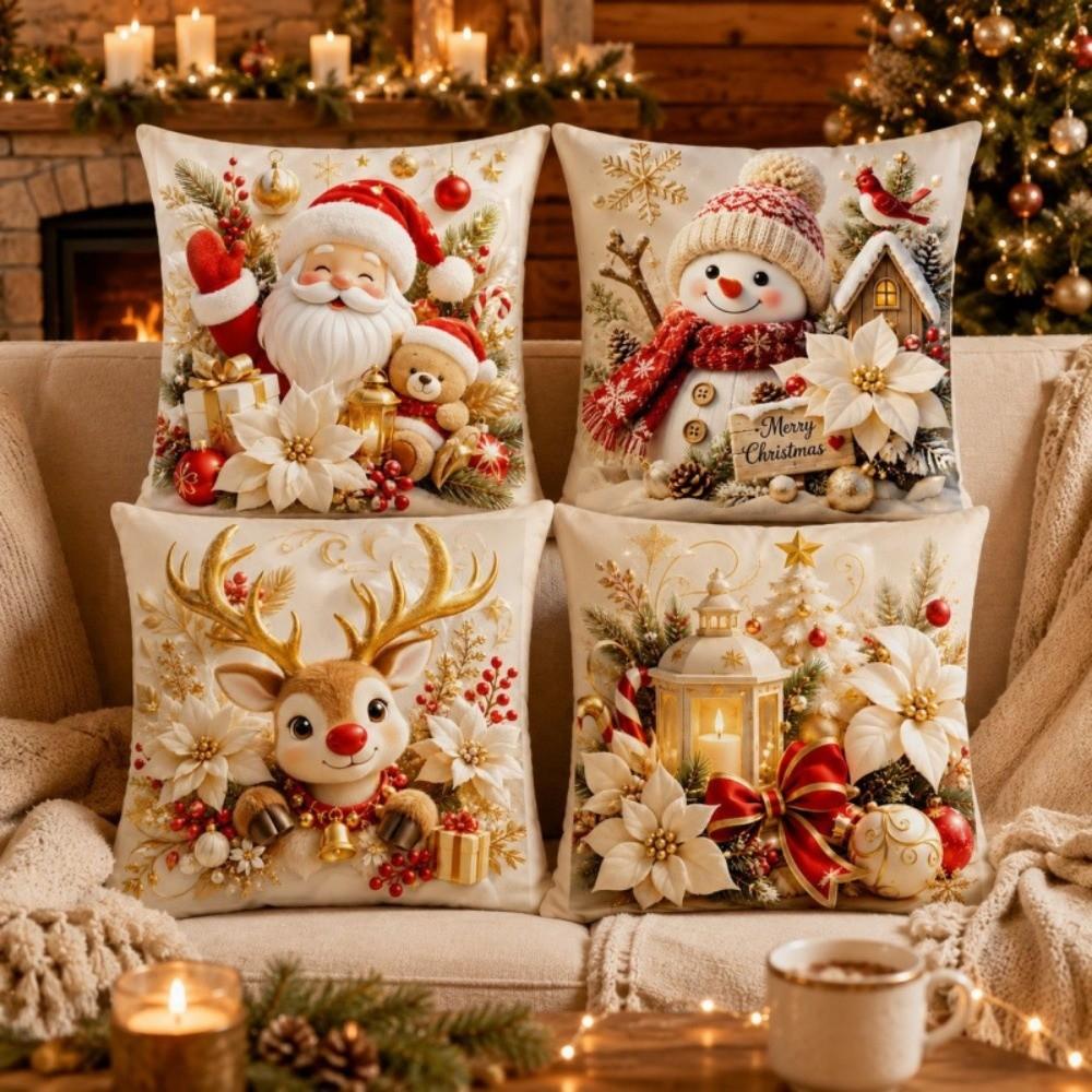 4Pcs Plush Decorative Pillowcase 45*45cm Christmas Pillow Cover Festive Home Decor