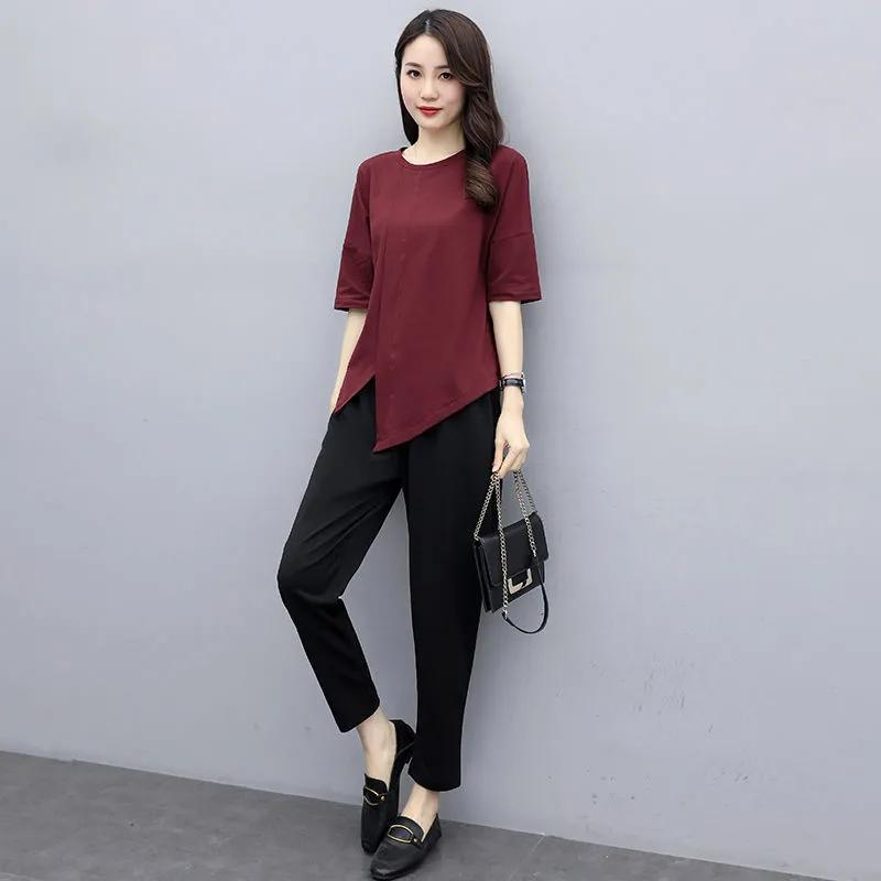 Женский летний комплект больших размеров для старения, тонкая футболка с круглым вырезом и брюками, повседневный комплект из двух предметов