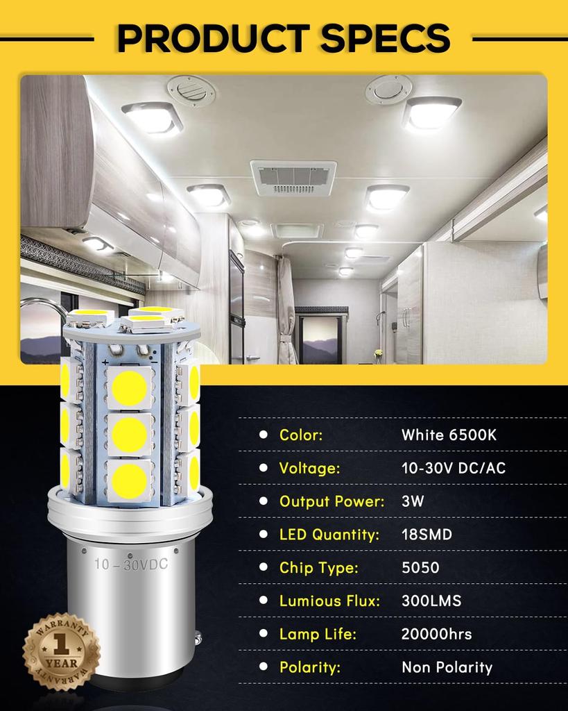 Alopee BA15D LED Белый Замена для 1142 RV Интерьер Кемпер Лодка Прицеп Навигация 18SMD 5050 Чип лампы, Неполярный 6500K, 12В/24В DC/AC 1004,