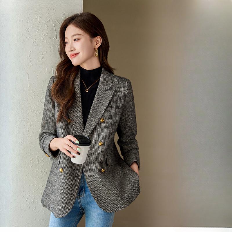 Gray Woolen Suit Jacket Women's Autumn and Winter Casual Temperament High-end Wool Small Suit