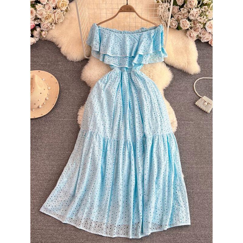 Off-the-Shoulder First Date Vintage Ruffled Waist A- Line Dress