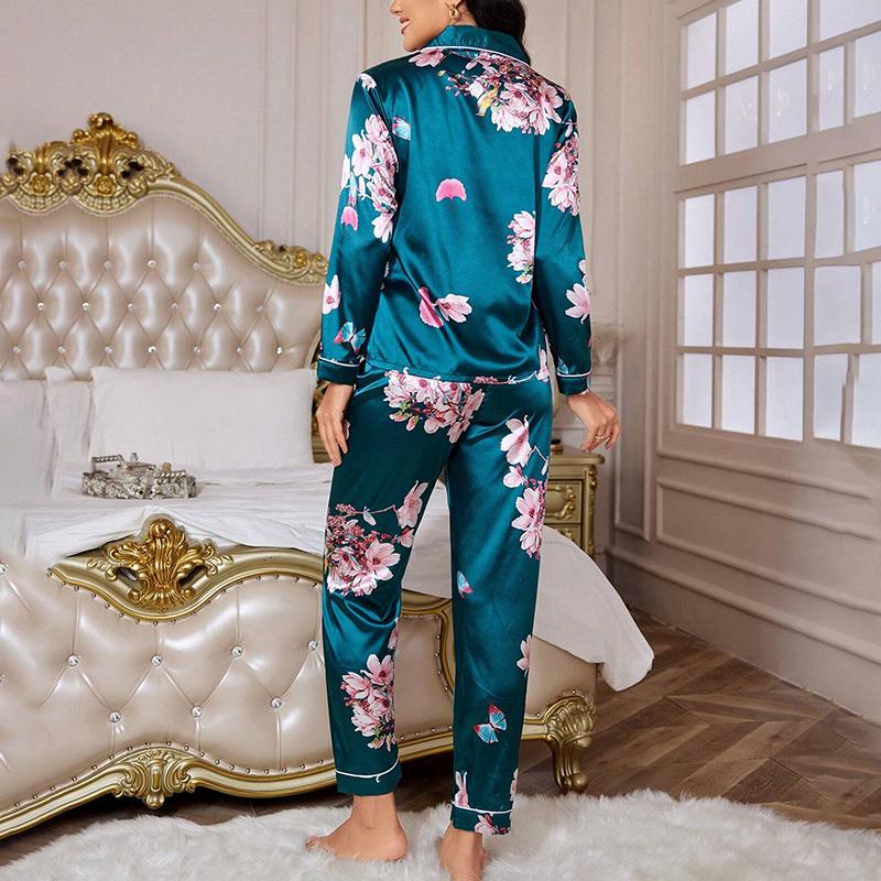 Pajamas for Women Flower Print Satin Long Sleeve Lapel Sleepwear Pajama Pants Home Clothes Nightwear Femme