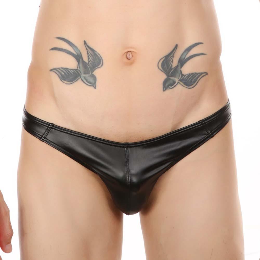 Mens Faux Leather Briefs Lingerie G-String Thongs Underwear Sexy Low Rise Bikini