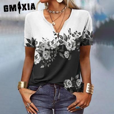 Женские модные повседневные весенне-летние свободные футболки и топы с короткими рукавами и v-образным вырезом