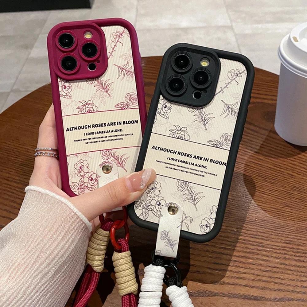 Роскошные чехлы для телефонов с ремешком на запястье 'Камелия' для iPhone 13 11 14 15 Plus 12 16 Pro Max X XR XS 15pro MAX Чехол Силиконовый чехол со шнурком