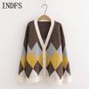 INDFS Женская мода Повседневный Осень Зима Ромбовидный Принт Длинный Рукав V-образный Вырез Свитера
