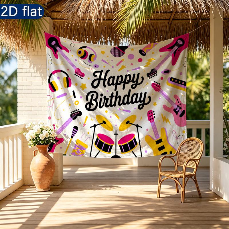 Birthday Gifts Musical Instruments Celebration Banner, Polyester Backdrop for Home Decor & Party Supplies