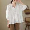 Spring Autumn Cotton Organ Shirt Women's V-neck Lantern Sleeve Lace Splicing Top Loose Solid Color Shirt Blouses & Shirts