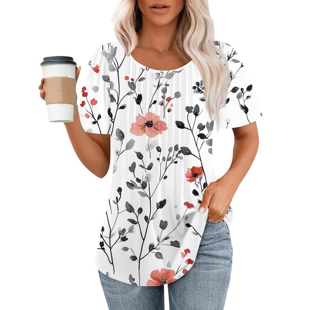 Женская модная повседневная плиссированная футболка в полоску с круглым вырезом и цветочным принтом с короткими рукавами, топ