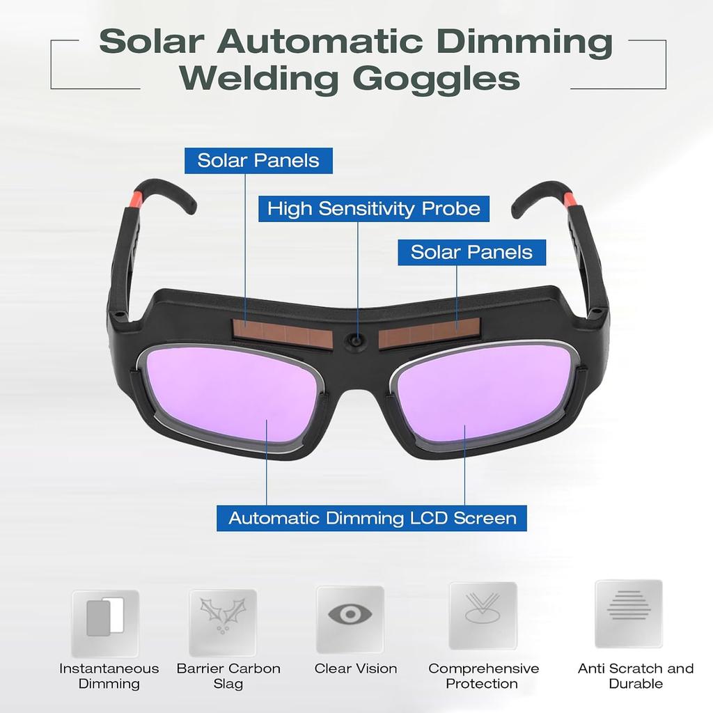 Welding Goggles Solar Auto Darkening, Argon Arc Automatic Dimming Welding Glasses with High Sensitivity Probe, Anti-Fog Anti-Glare Eye Protection