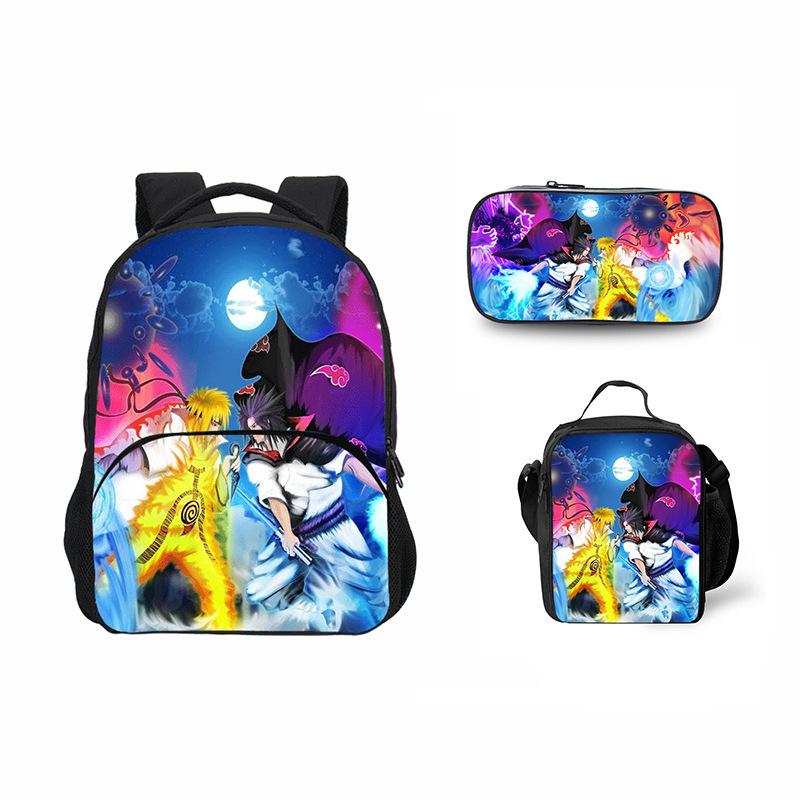 Printed Naruto three-piece set Children's school bag Meal bag Pencil bag Male and female students Backpack