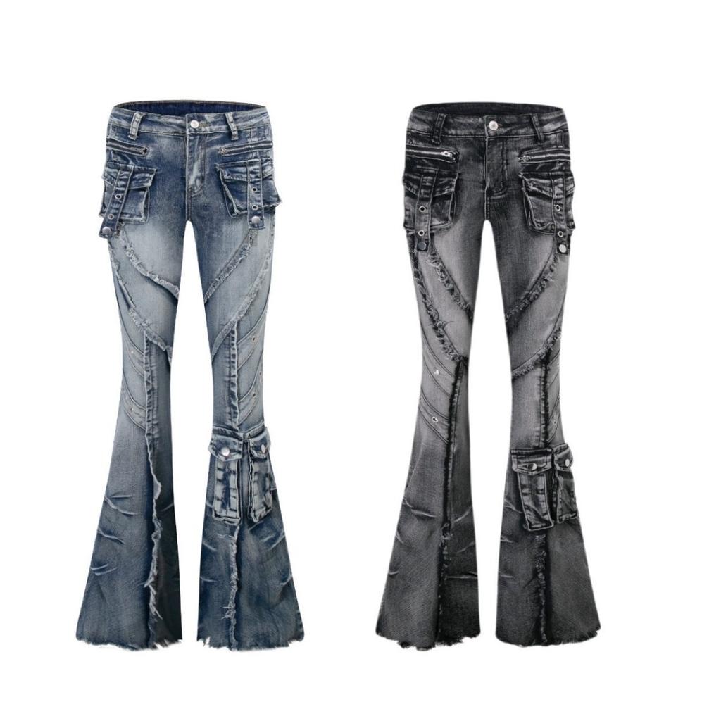 VIONA Autumn Winter Women's Denim Pants Dark Academia Cargo Jean Flared Bell Bottom Designer Kpop Japanese Y2k 2000s Goblin Core