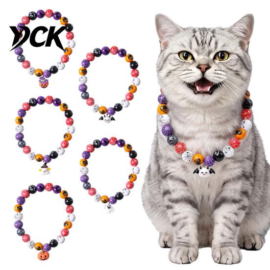 Soft Gentle Sound Pendant Necklace Halloween Beaded Pet Necklace, Wooden Bead Cat Collar, Pumpkin or Ghost Stylish Contrast Color Accessories