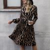 Autumn Winter Women Long Sleeve Print Elegant V-neck Casual A-Line Knee-Length High Waist Dress