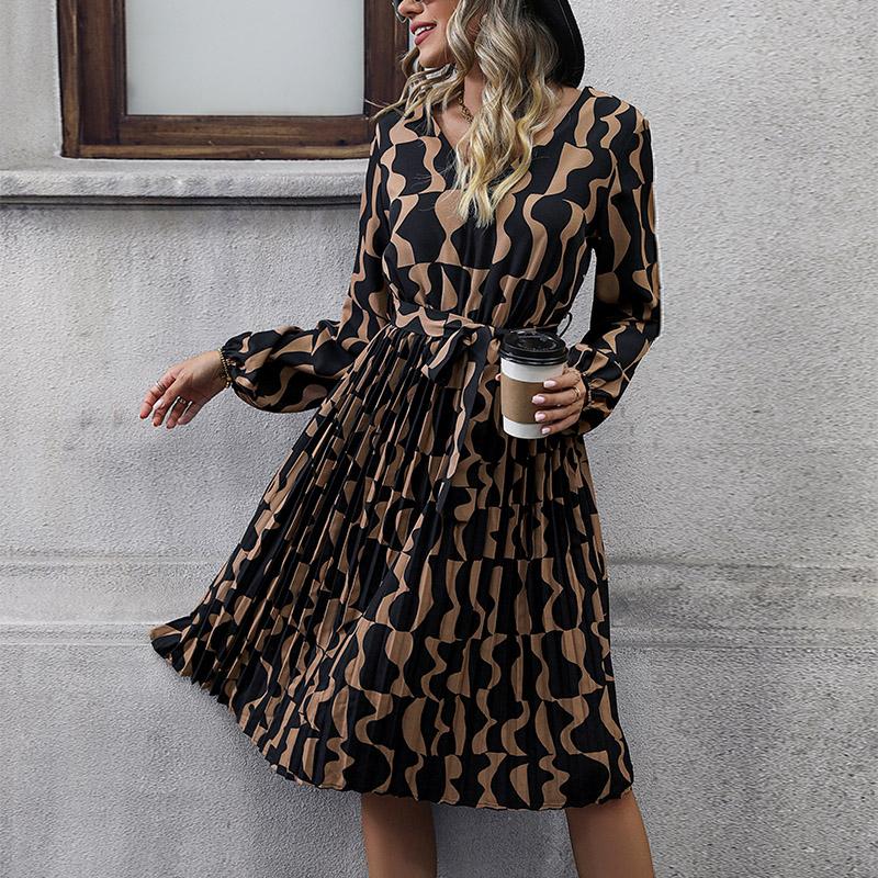 Autumn Winter Women Long Sleeve Print Elegant V-neck Casual A-Line Knee-Length High Waist Dress