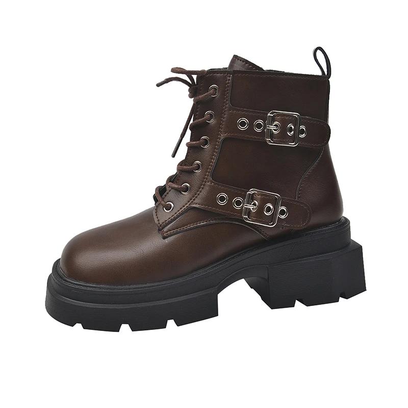 Женская обувь 2024 Высокое качество Боковая молния Женские ботинки Модные Шнуровка спереди Офис и Карьера Новые Ботильоны с пряжкой