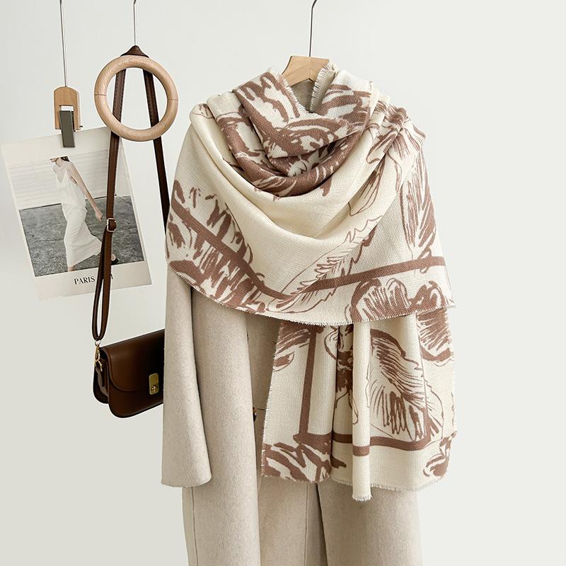 Autumn and Winter High Sense Fashion Imitation Cashmere Printed Scarf College Style Sweet Lady Design Sense Outer Shawl