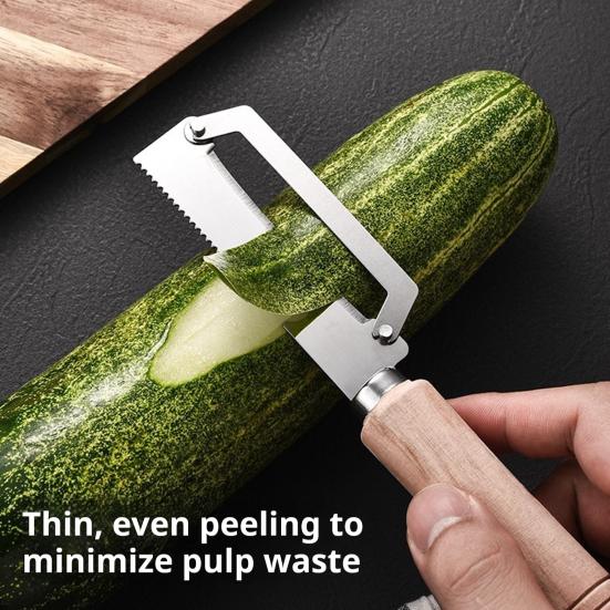 Овощечистка с эргономичной деревянной ручкой 2-в-1 Открывалка для бутылок Широкое изогнутое лезвие Острая чистка для картофеля, яблок, цитрусовых, моркови Кухонные гаджеты