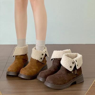 Осень Зима Теплые Хлопковые Женские Ботильоны Модные С Пряжкой На Ремне Низкий Каблук Обувь Женская Винтажные Короткие Плюшевые Короткие Ботильоны