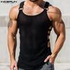 Summer Men Strap Sleeveless Cutout Bandage Semi-Sheer Fitted Texture Tank Tops