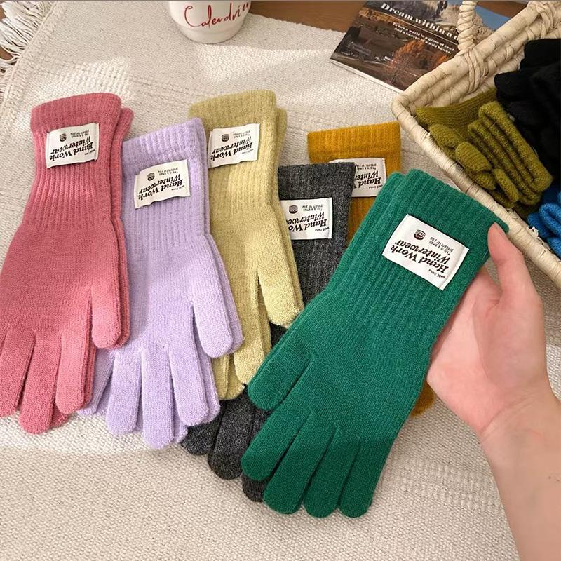 Touchscreen Exposed Finger Solid Color Warm Knit Long Windproof Five Finger Cycling Korean Version Trendy Versatile Women Gloves