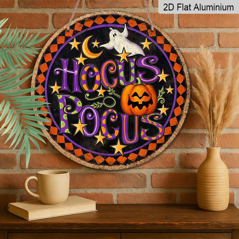 2D Flat, 1pc Round Aluminum Hanging Sign, Vintage Halloween Pumpkin Decorative Plaque, Hocus Pocus Magic Themed Decor Sign, Suitable for Decorating