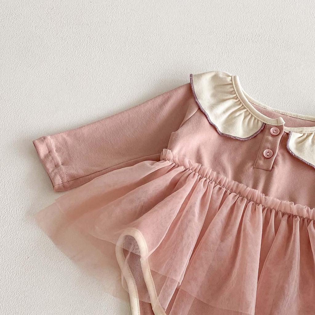 Новый осенний ромпер с длинными рукавами для маленьких девочек с сетчатым боди и воротником Питер Пэн