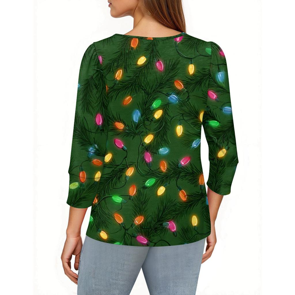Женская мода Повседневная рубашка с принтом 'Рождество' 3/4 цвета Женские топы с круглым вырезом