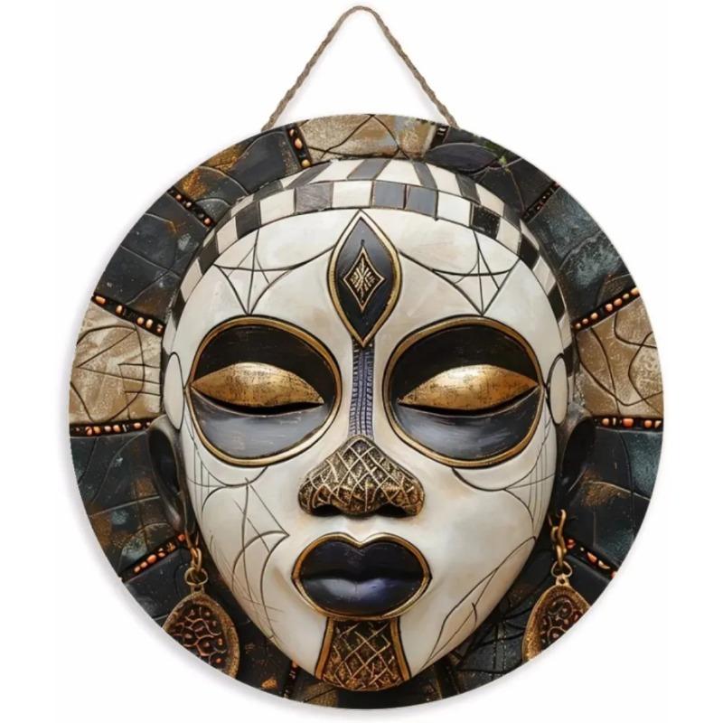 Wood Unique African Mask Circular Wooden Sign with Artistic Design, Suitable for Door, Wall, Home, Room, Farmhouse, Street, Shop, Garage, Bar, Garden