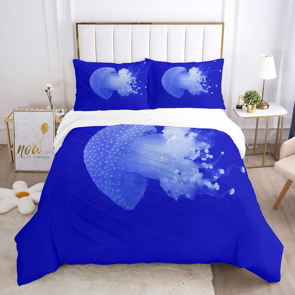 Jellyfish Duvet Cover Set Blue Sea Wild Animals Theme King Queen Size for Kids Teens Adult Polyester Bedding Set with Pillowcase