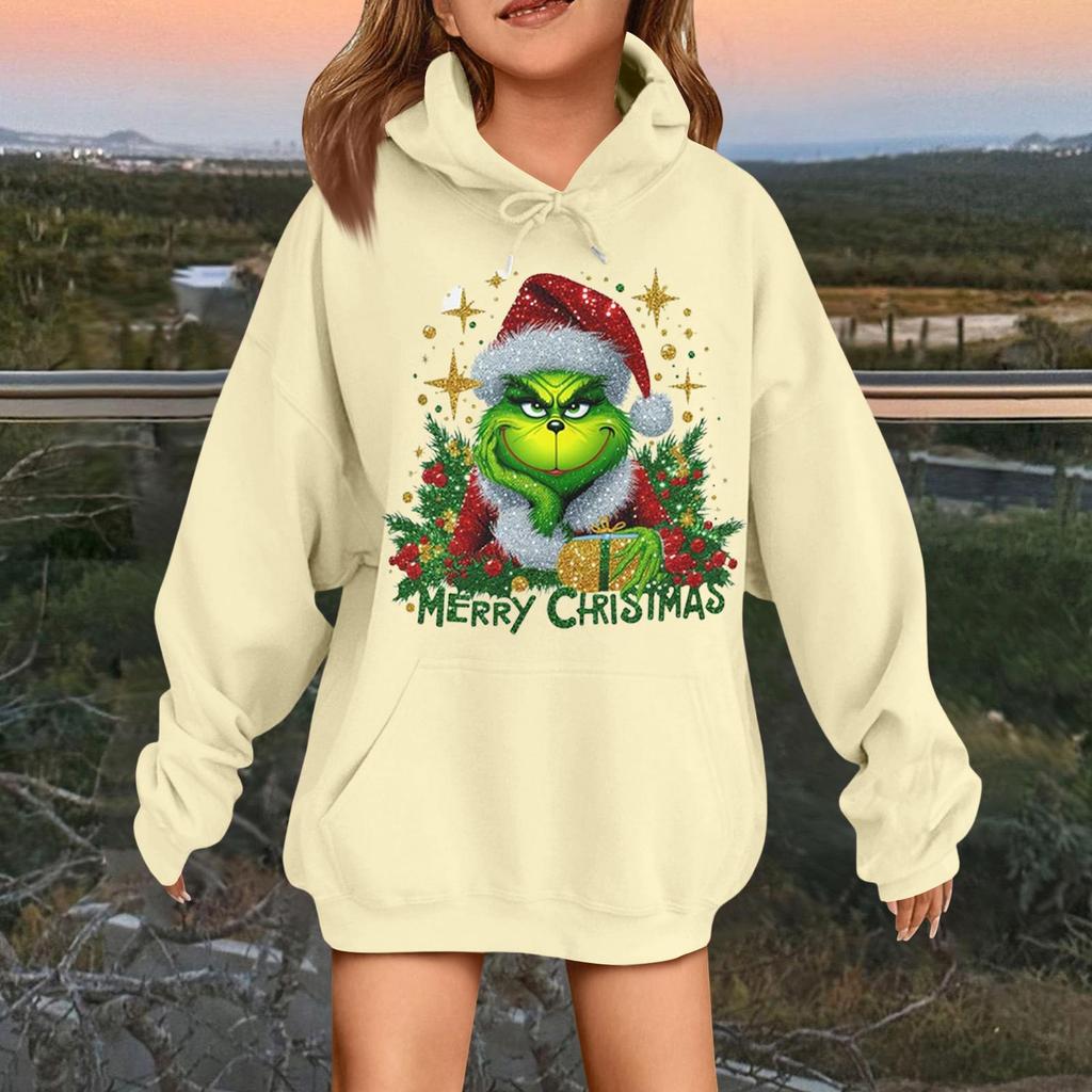 Children's Fashionable Casual Long-sleeved Loose Christmas Print Pullover Hooded Sweatshirt