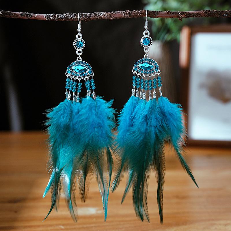 Super Long Exaggerated Irregular Feather Earrings for Women Fashion Boho Colorful Rhinestone Crystal Bead Dangle Earring Jewelry