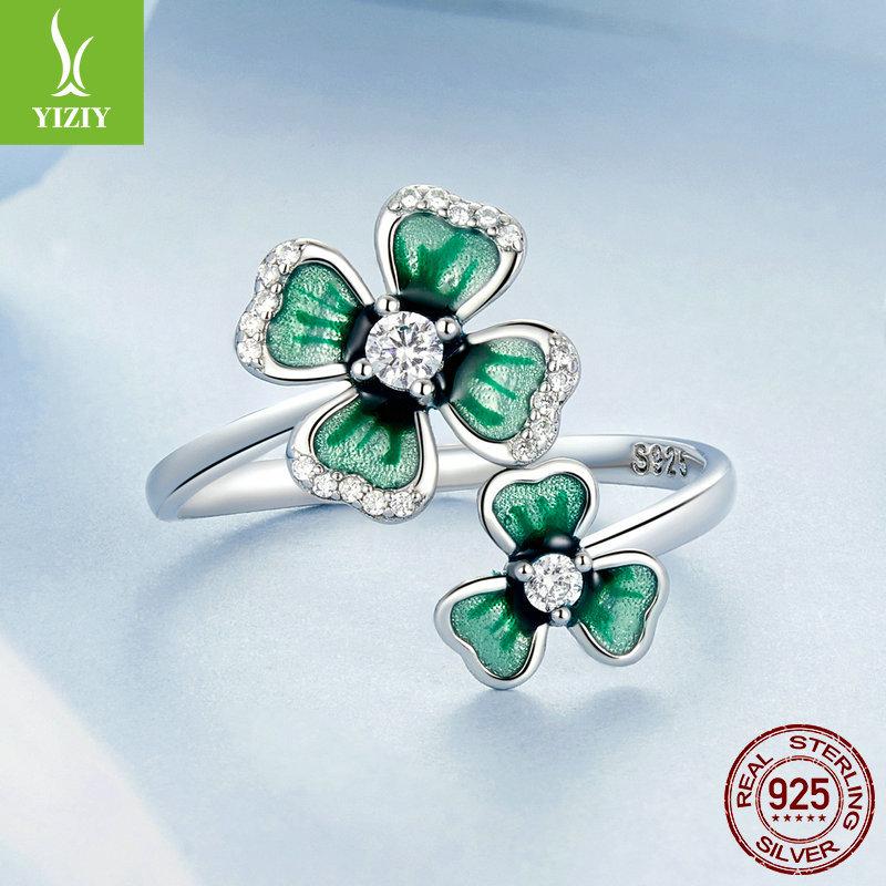 Four-Leaf Clover Open Ring For Women, Small Fresh Lucky Leaf S925 Sterling Silver Ring Jewelry