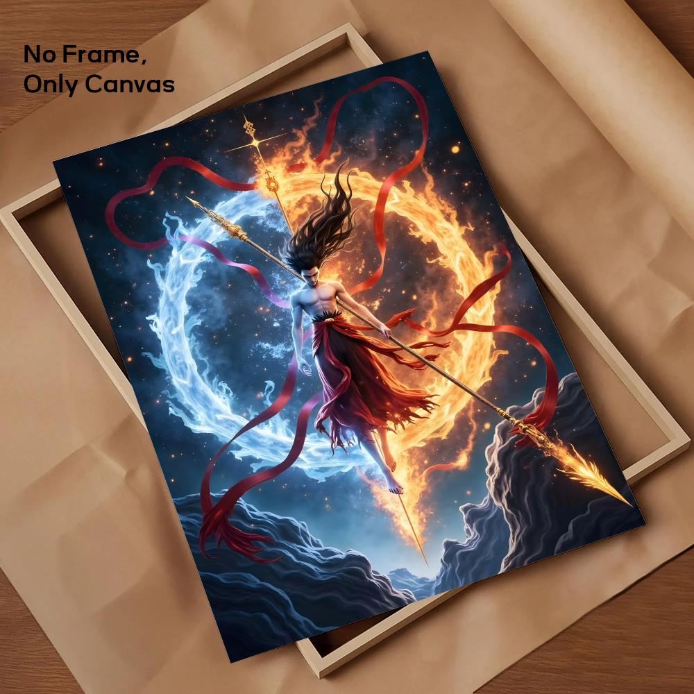 Chinese Anim Nezha Painting Calligraphy HD Canvas Poster living room bedroom bar aesthetic decoration
