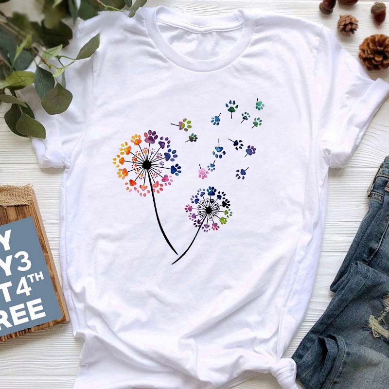 Летняя женская футболка с принтом одуванчика, свободные женские рубашки больших размеров, повседневная футболка с коротким рукавом, топ, черные модные футболки с круглым вырезом