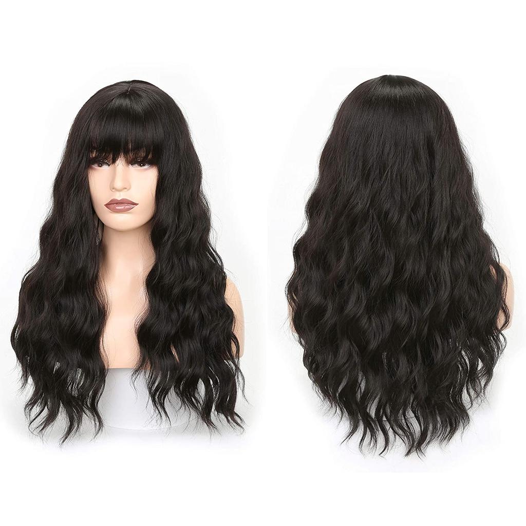 MERISIHAIR Black Wavy Wig for Women, Black Wig with Bangs Long, Heat Resistant Wig Black Bangs Wavy, Synthetic Wig With Bangs,