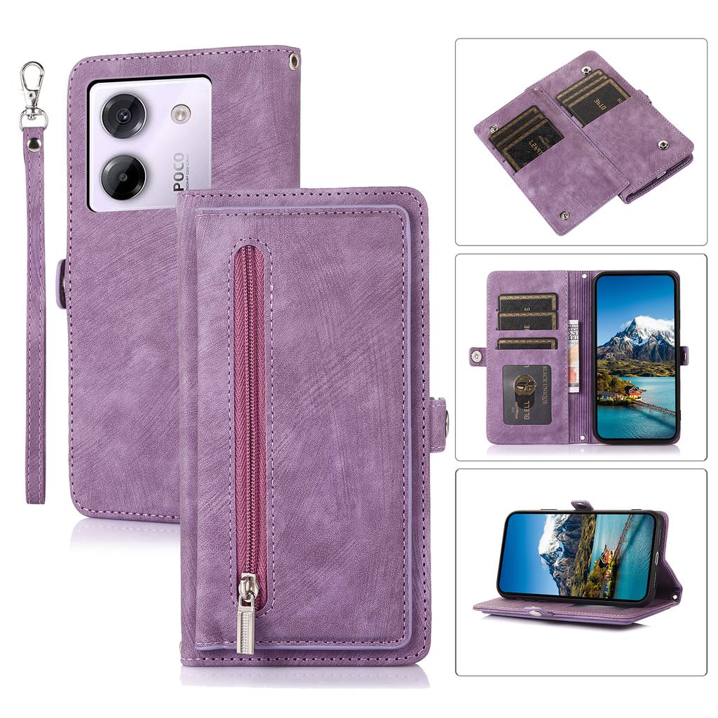 Чехол для Xiaomi Poco M7 Pro 5G с карманом на молнии, 9 отделениями для карт, кожаный чехол для телефона из ПУ с ремешком на запястье