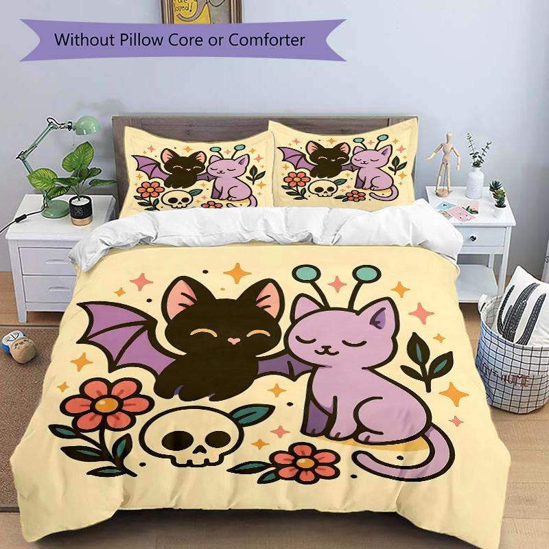 3pcs Bat and Cat Cute Cartoon Design Bedding Set - 1 Soft Quilt Cover + 2 Pillowcases, Machine Washable - Suitable for All Seasons, Perfect Gift