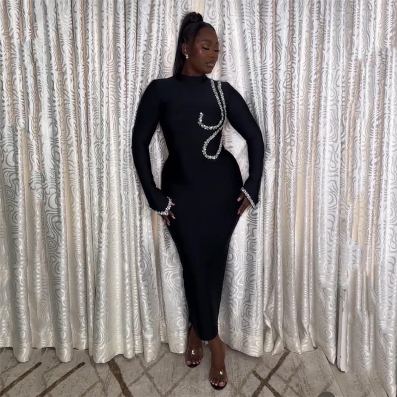 Осенне-зимнее платье-бандаж с длинным рукавом и воротником-гольф, украшенное стразами, модное облегающее платье для вечеринки