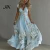 A-line Silhouette Dress Summer Floral Maxi for Women Short Sleeve V Elegant Printed Neck Swing Beach Vacation Sundress Lightweight