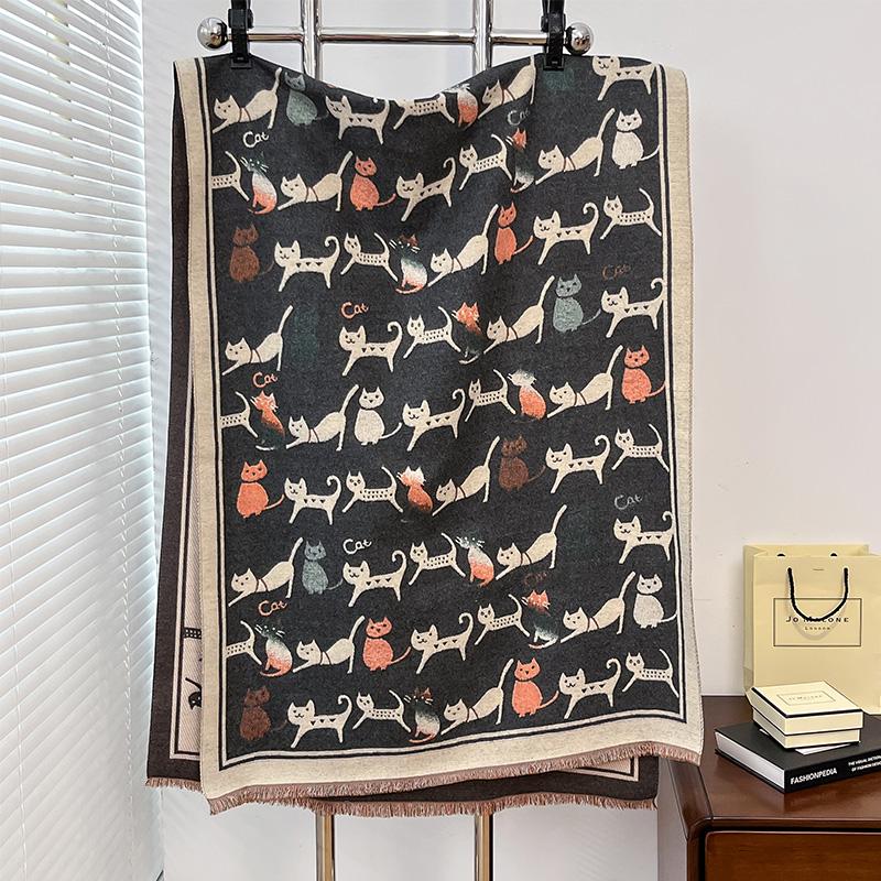 Кот Зимний Шарф Женские Пашмины Шали И Накидки Кашемировое Одеяло Теплые Толстые Стулы Для Леди Уличные Bufanda   Принт